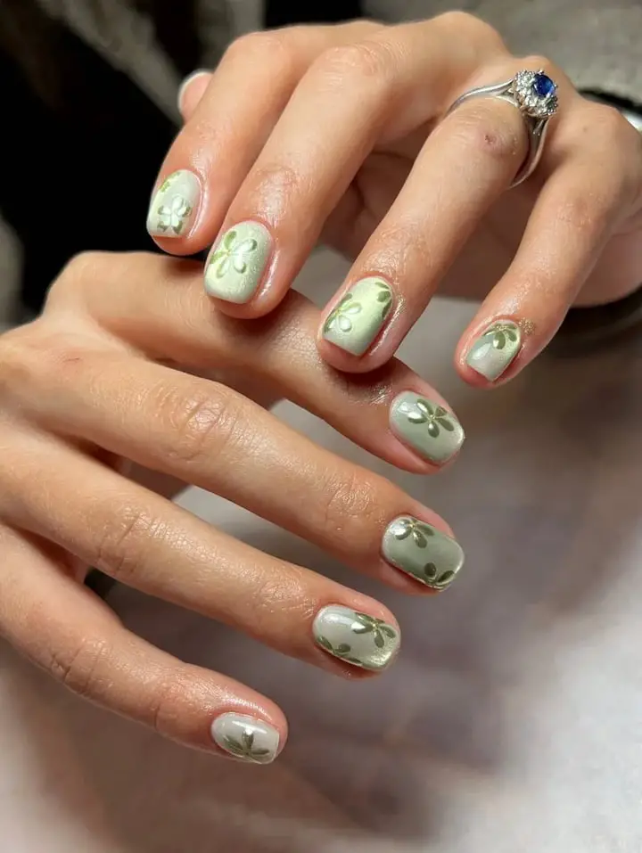 Mint Green Floral Satin Nails — Trendy Manicure Nails