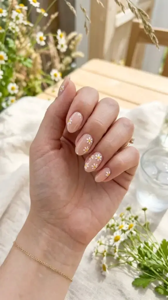 Daisy Design Sheer Nude Oval Nails — Trendy Manicure Nails