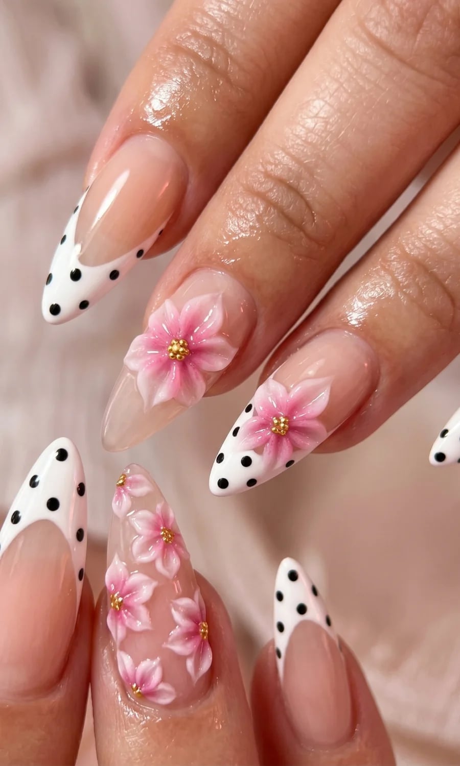 Polka Dot 3D Flower Long Stiletto Nails — Trendy Manicure Nails