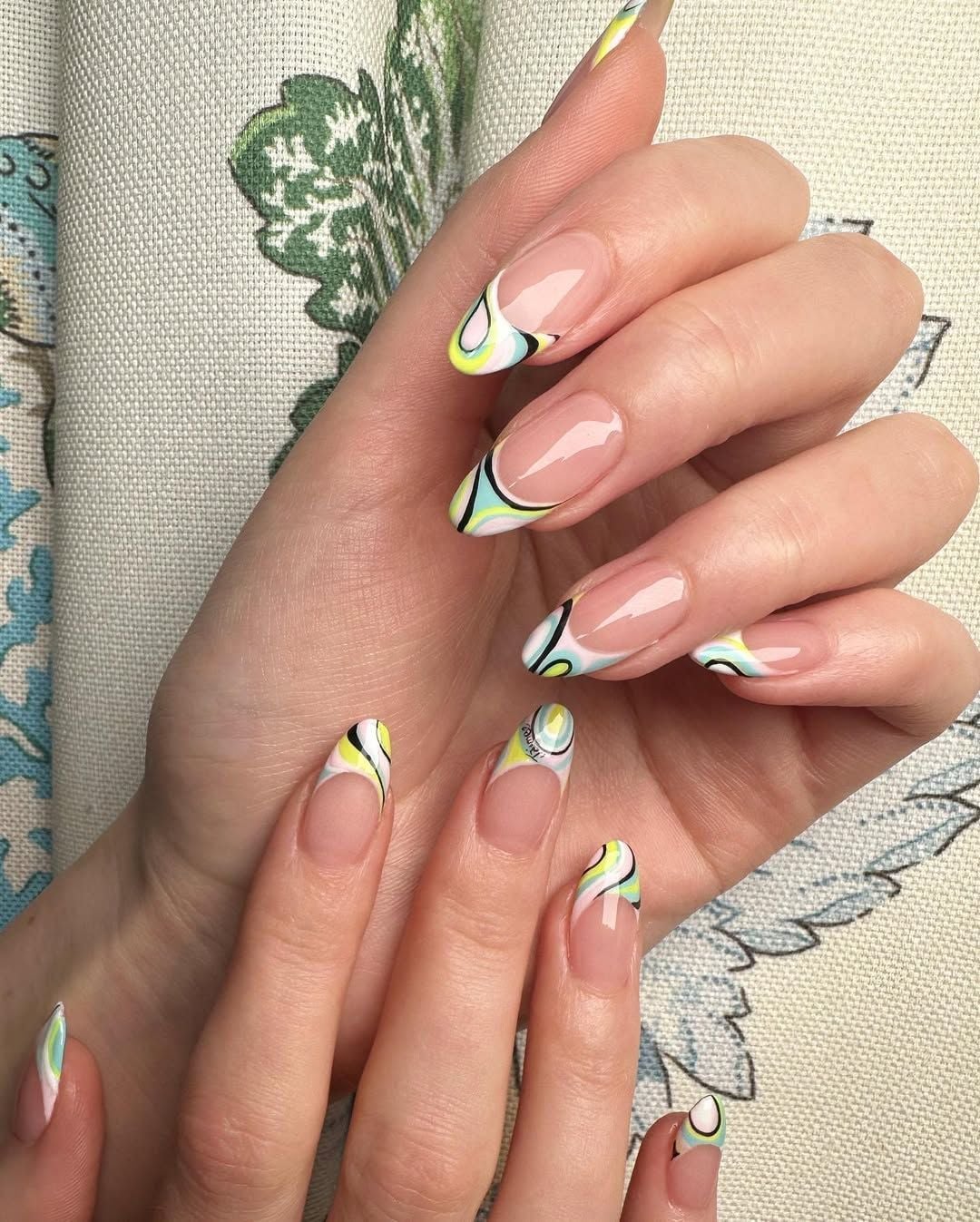 Neon Swirl Abstract French Stiletto Nails — Trendy Manicure Nails