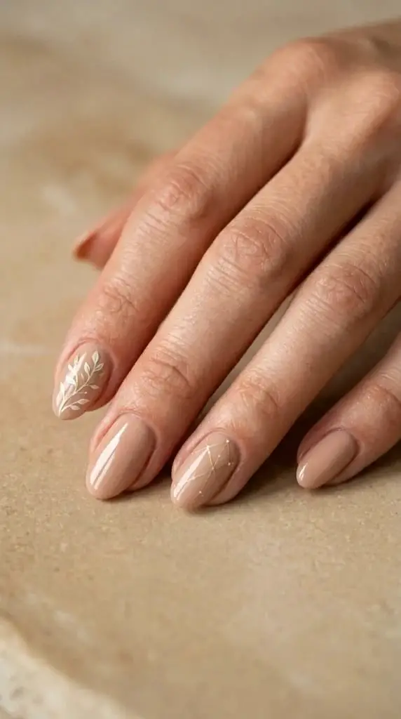 Beige Leaf Line Art Oval Nails — Trendy Manicure Nails