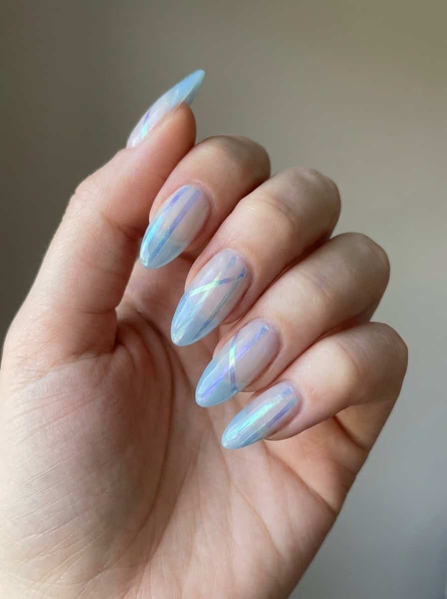 Pale Blue With Silver Stripes Medium Almond Nails — Trendy Medium Almond Nails