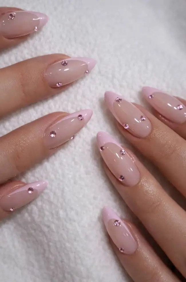 Sheer Pink With Scattered Pink Rhinestones Medium Almond Nails — Trendy Medium Almond Nails