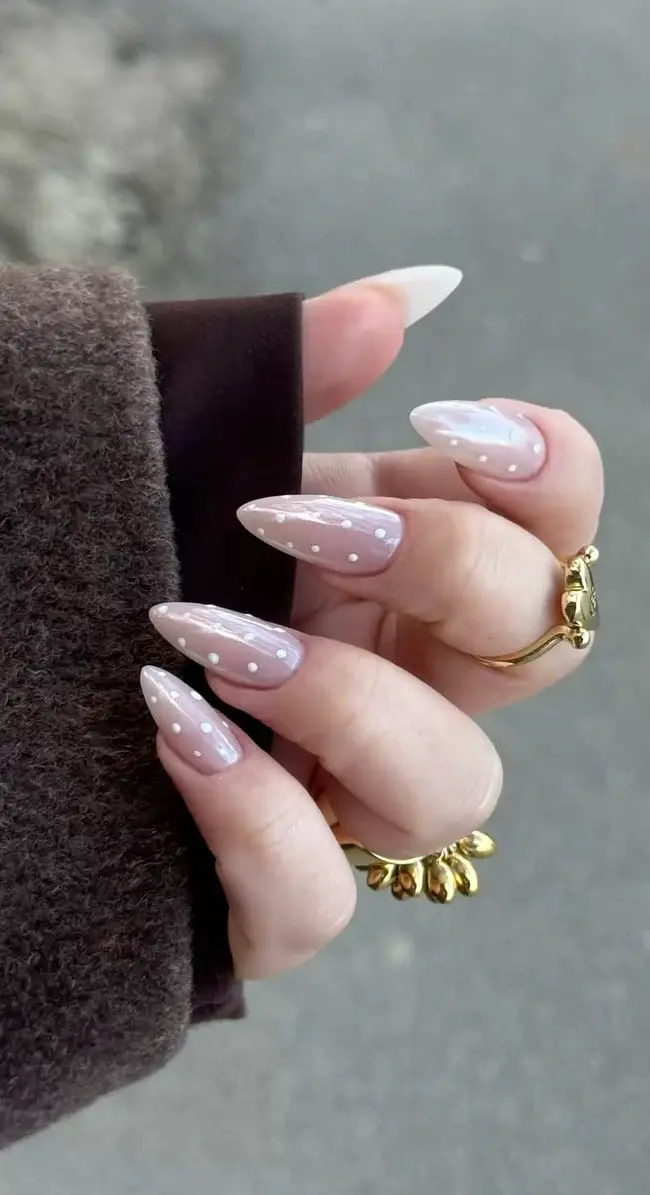 Milky Pink With Polka Dots Pearly Glazed Medium Almond Nails — Trendy Medium Almond Nails