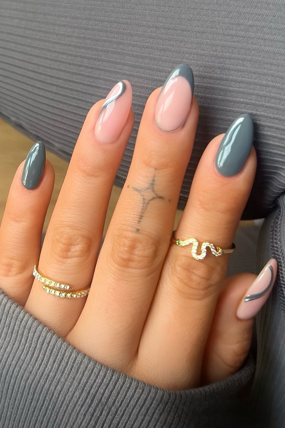 Nude With Gray Abstract Lines and French Tip Medium Almond Nails — Trendy Medium Almond Nails