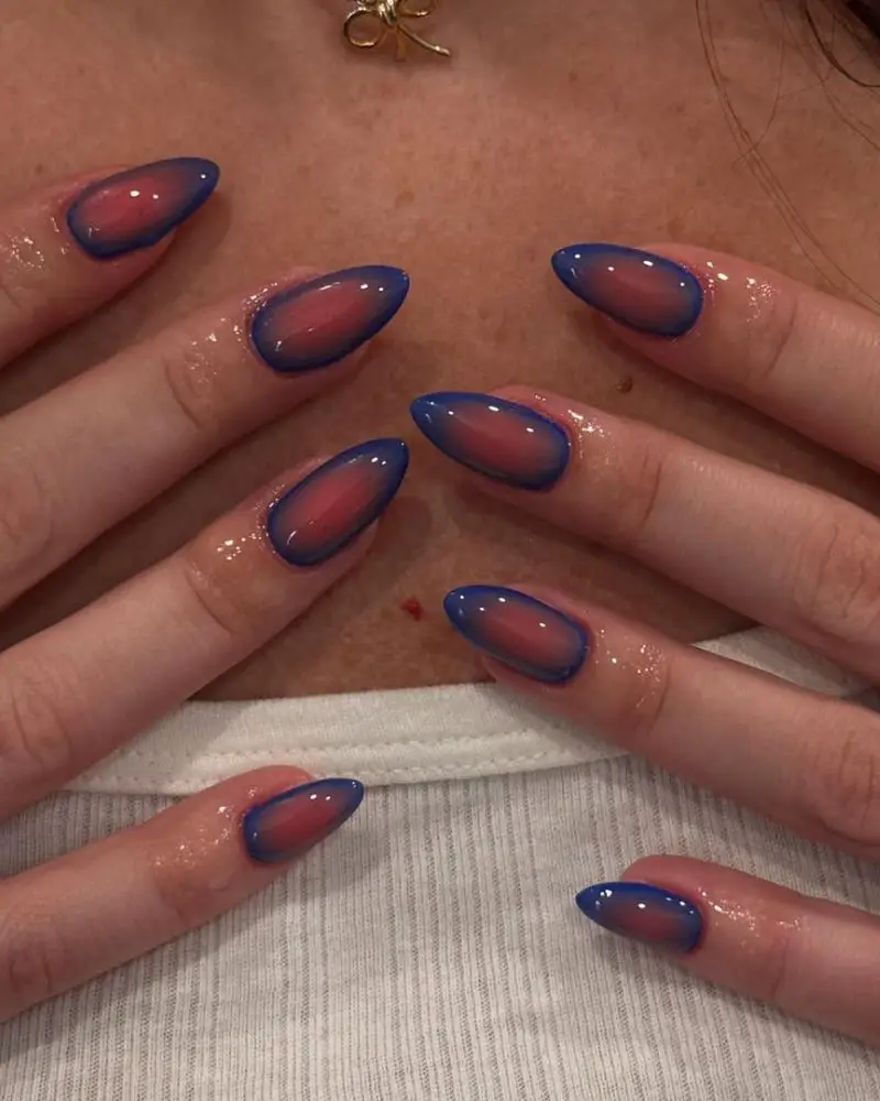 Blue To Pink Gradient Aura Effect Medium Almond Nails — Trendy Medium Almond Nails