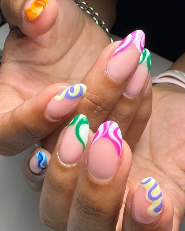 Wavy Colorful French Tip Medium Almond Nails — Trendy Medium Almond Nails