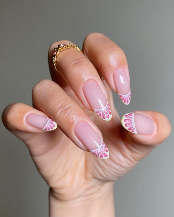 Nude With Yellow Pink Floral Petal French Medium Almond Nails — Trendy Medium Almond Nails