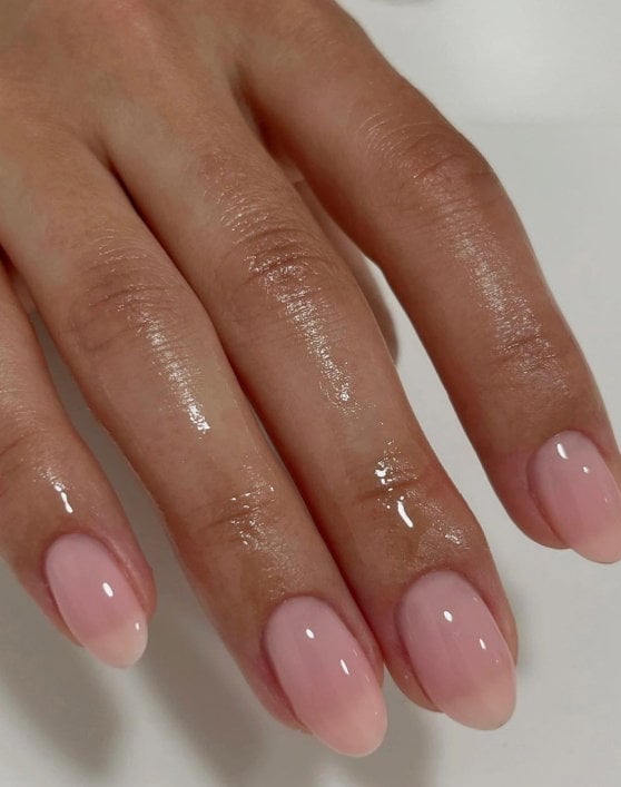 Sheer Milky Pink Natural Look Medium Almond Nails — Trendy Medium Almond Nails