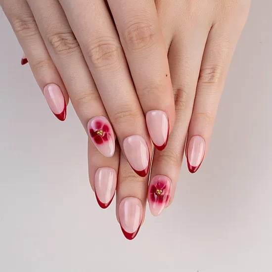 Sheer Pink With Red Floral French Medium Almond Nails — Trendy Medium Almond Nails