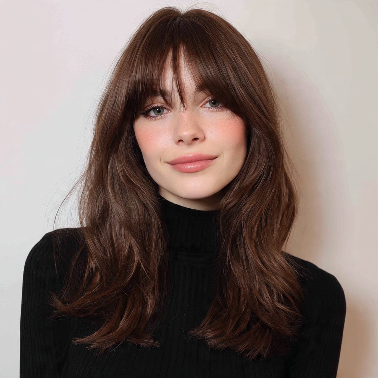 Shoulder Length Rich Brown With Curtain Bangs Shoulder Length Rich Brown With Curtain Bangs — Trendy Medium Hair