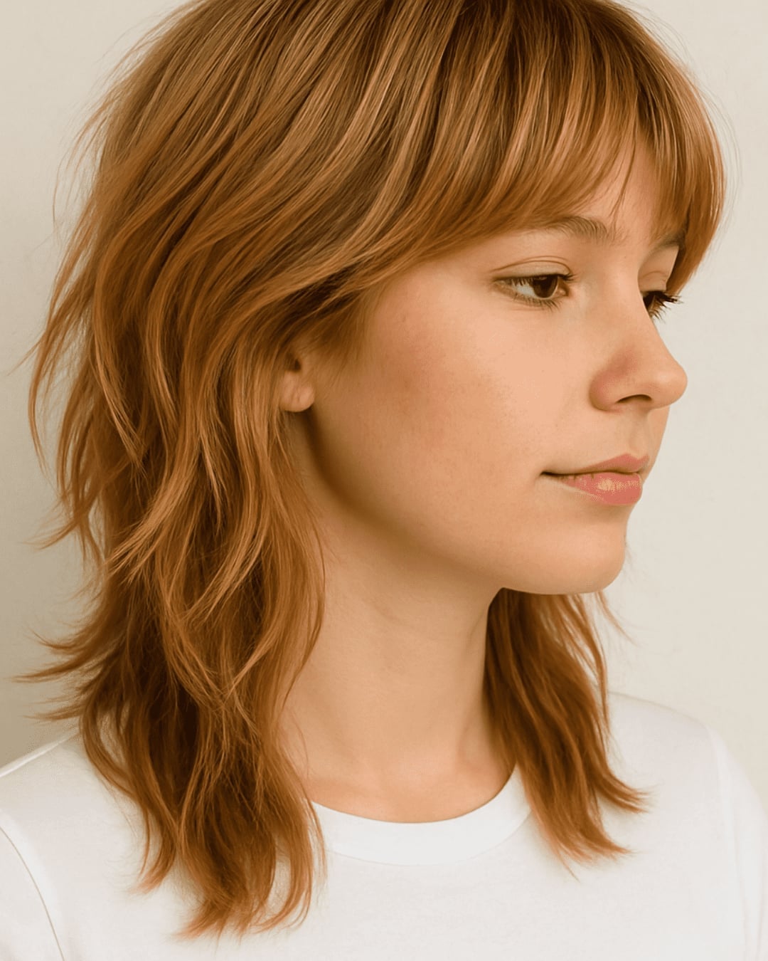 Shoulder Length Copper Shag With Blunt Bangs Shoulder Length Copper Shag With Blunt Bangs — Trendy Medium Hair