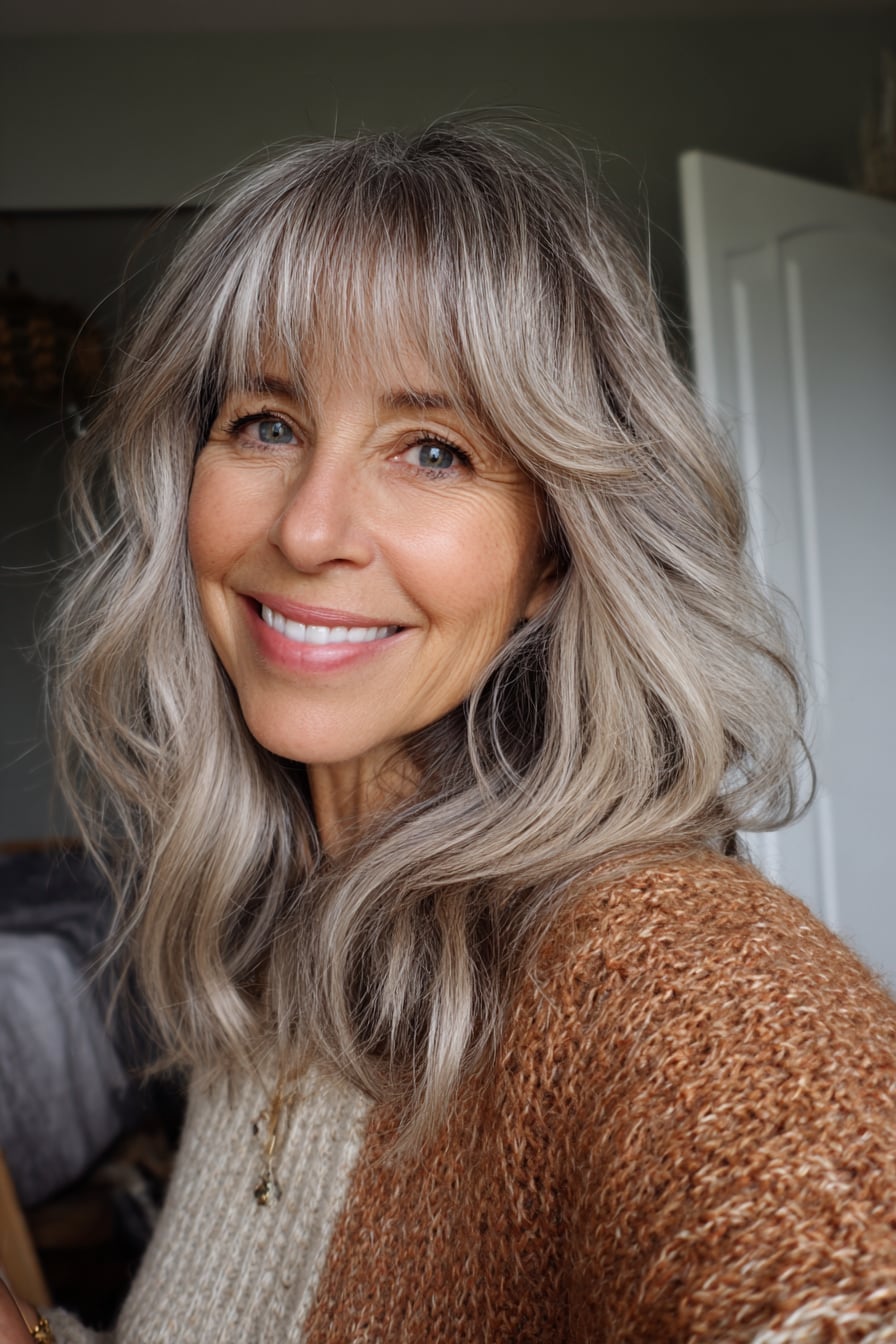 Collarbone Ash Blonde With Full Bangs Collarbone Ash Blonde With Full Bangs — Trendy Medium Hair