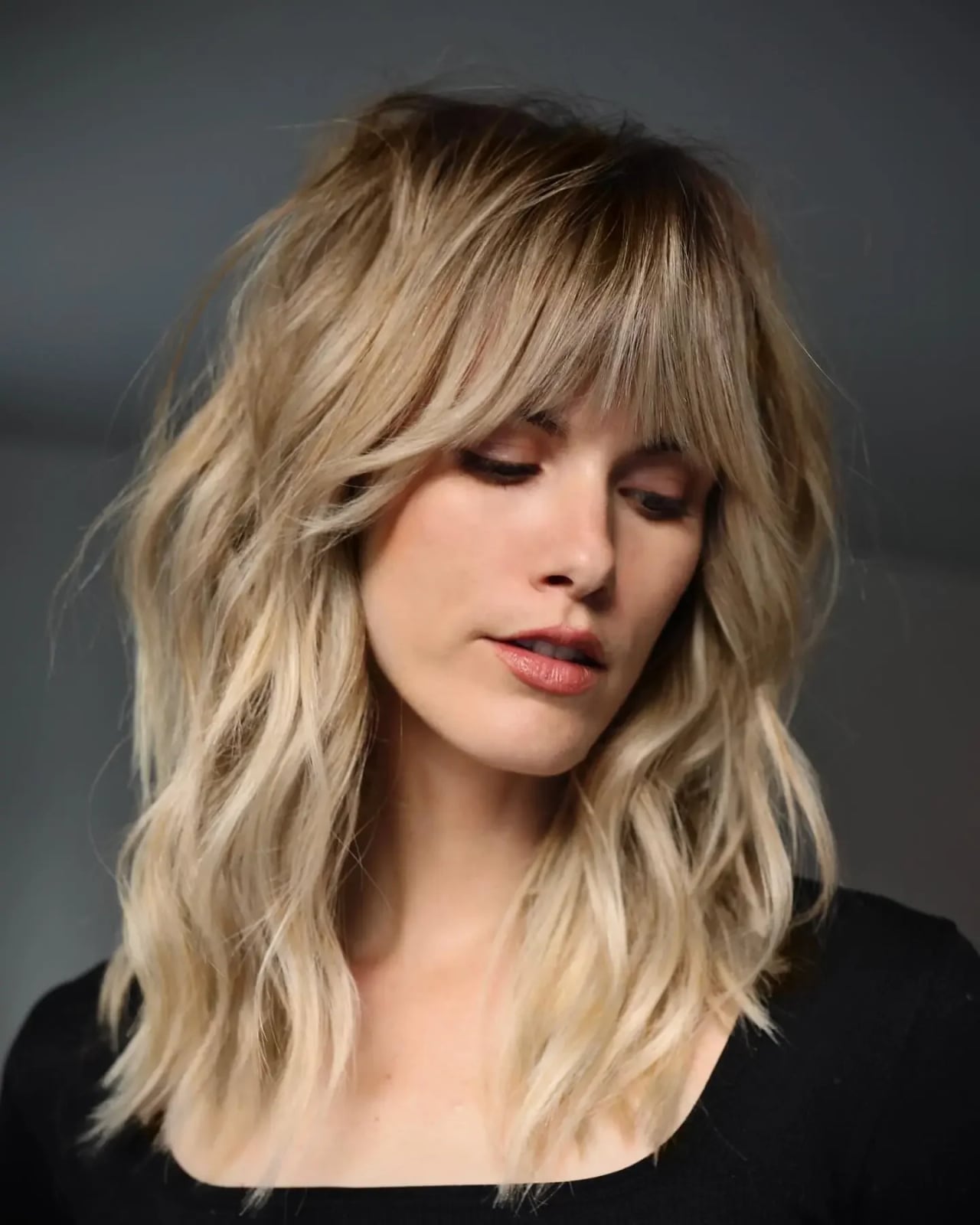 Shoulder-Length Shag With Curtain Bangs — Trendy Messy Hair