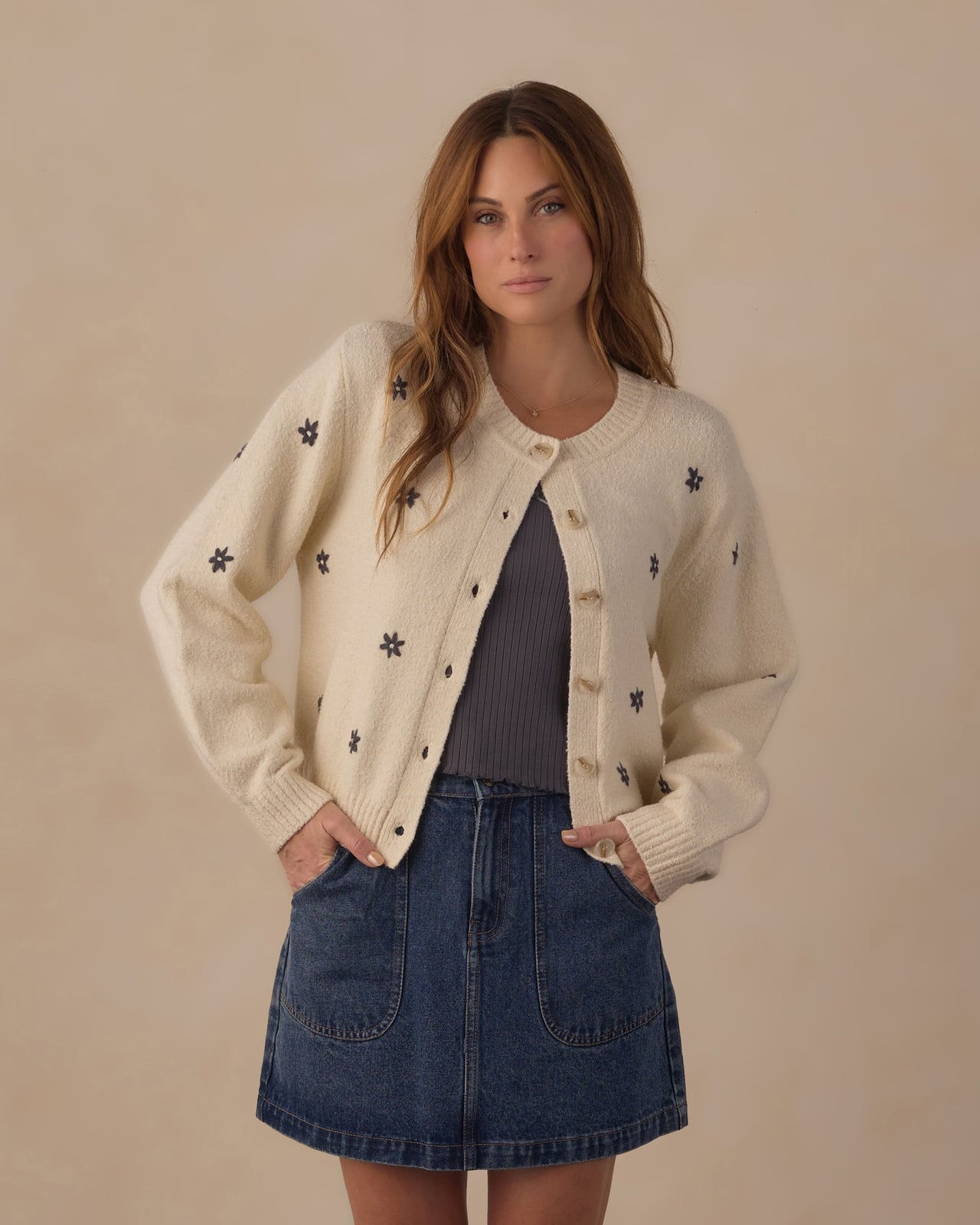 Blue Denim Mini Skirt with Floral Embroidered Cardigan Blue Denim Mini Skirt with Floral Embroidered Cardigan — Trendy Mini Skirt Outfits