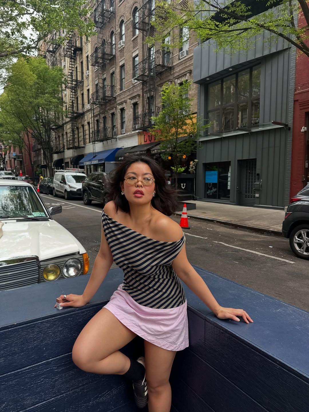 Pink Satin Mini Skirt with Striped Off-The-Shoulder Top Pink Satin Mini Skirt with Striped Off-The-Shoulder Top — Trendy Mini Skirt Outfits