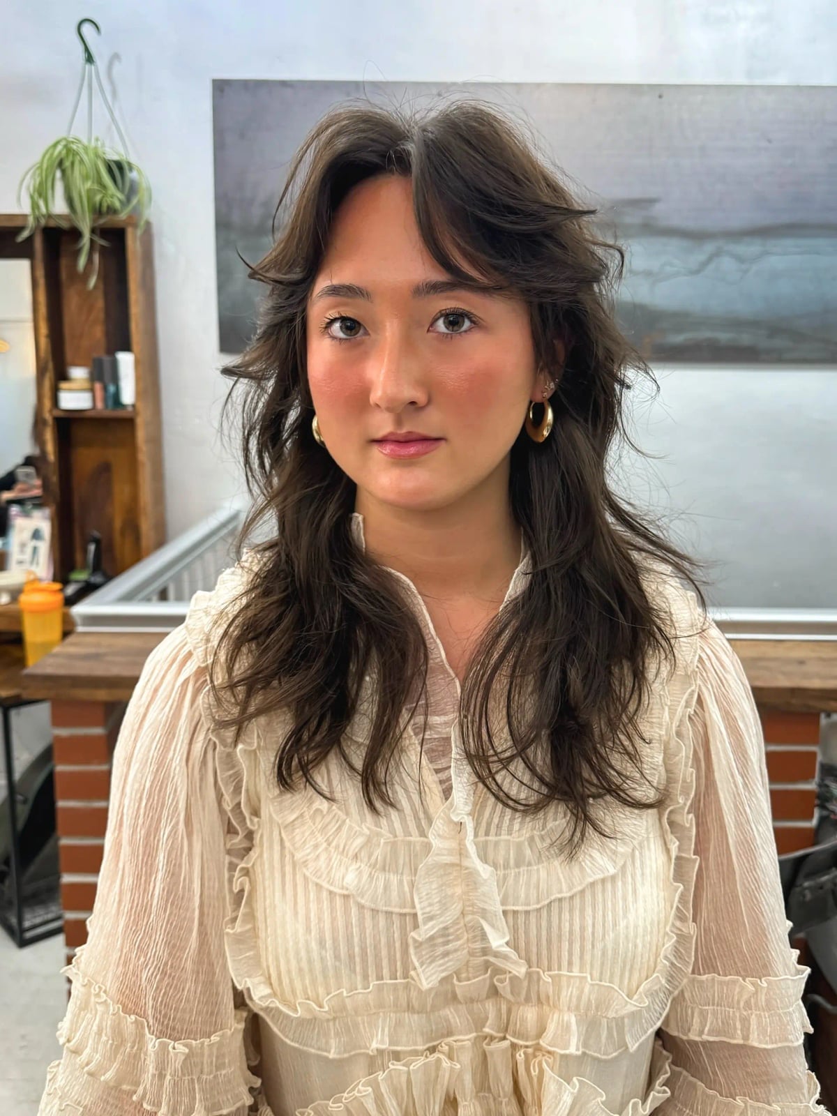 Collarbone Shag With Curtain Bangs, Medium Brown Collarbone Shag With Curtain Bangs, Medium Brown — Trendy Modern Shag