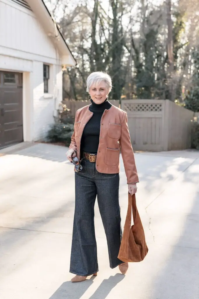 Suede Jacket with Turtleneck and Wide-Leg Jeans — Trendy Monday Outfit