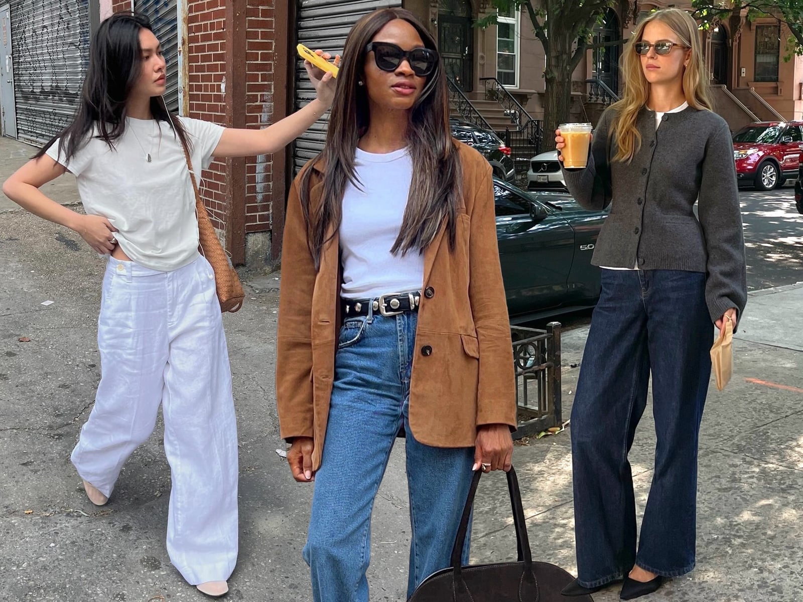 Brown Suede Blazer with White Tee and Linen Trousers — Trendy Monday Outfit