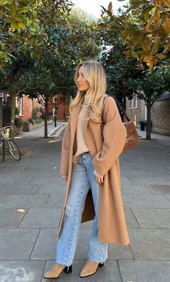Longline Camel Coat with Knit Sweater and Jeans — Trendy Monday Outfit