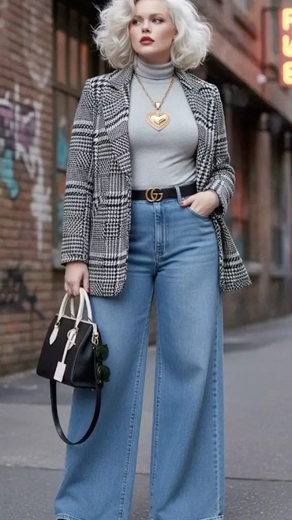 Plaid Blazer with Turtleneck and Wide-Leg Trousers — Trendy Monday Outfit