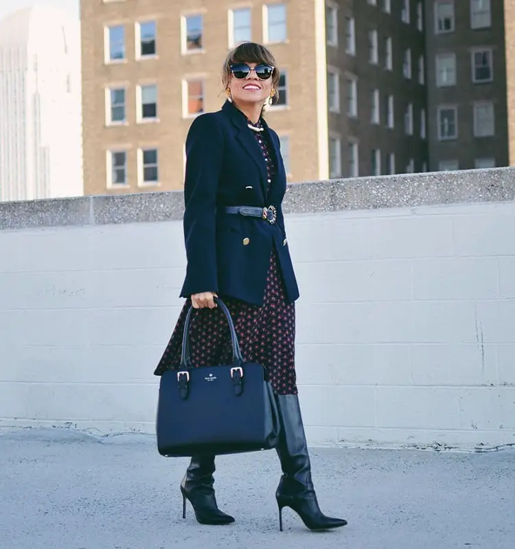 Navy Blazer Over Printed Midi Dress — Trendy Monday Outfit
