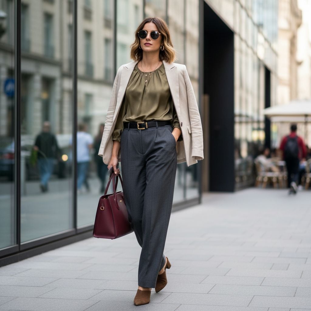 Draped Linen Blazer with Silk Blouse and Trousers — Trendy Monday Outfit