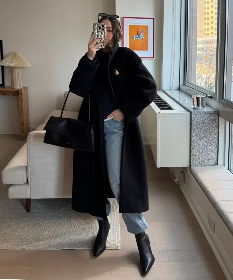 Black Oversized Coat with Knit Sweater and Wide-Leg Denim — Trendy Monday Outfit