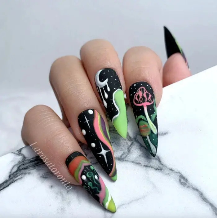 Long Stiletto Nails With Abstract Mushroom Art, Matte And Glossy — Trendy Mushroom Nails