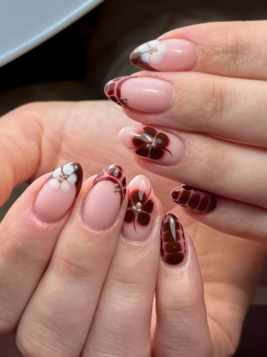 Pink Nude Brown Floral Plaid Medium Oval Nails Pink Nude Brown Floral Plaid Medium Oval Nails — Trendy Nail Designs
