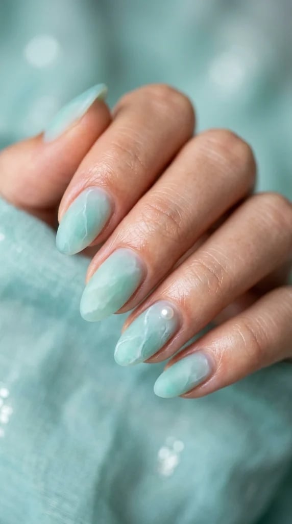 Pale Aqua Marble Jelly Medium Oval Nails Pale Aqua Marble Jelly Medium Oval Nails — Trendy Nail Designs