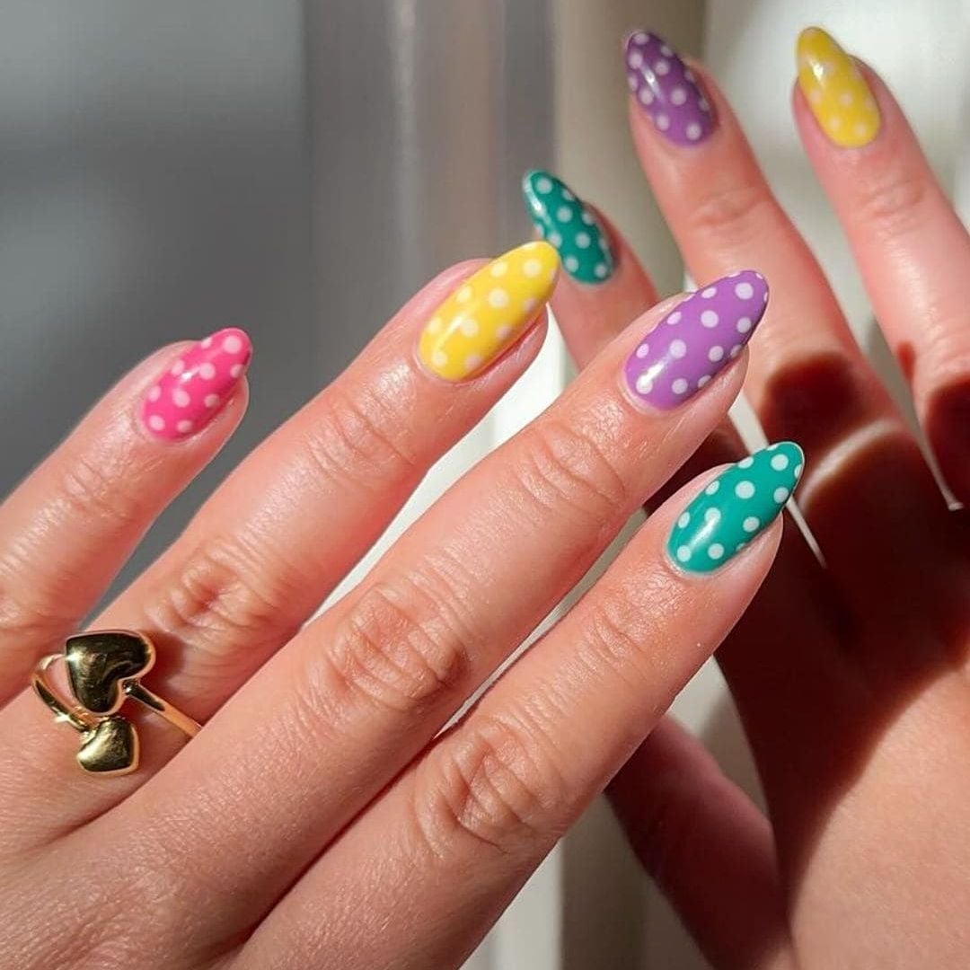 Vibrant Color Block Polka Dot Medium Almond Nails Vibrant Color Block Polka Dot Medium Almond Nails — Trendy Nail Designs