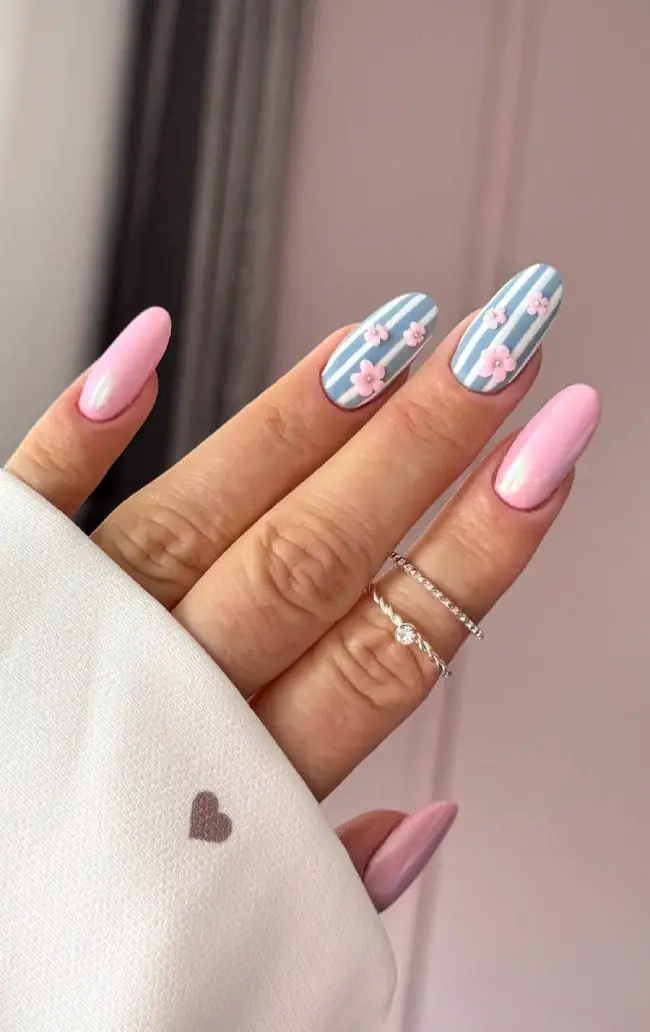Pastel Striped 3D Floral Long Oval Nails Pastel Striped 3D Floral Long Oval Nails — Trendy Nail Designs
