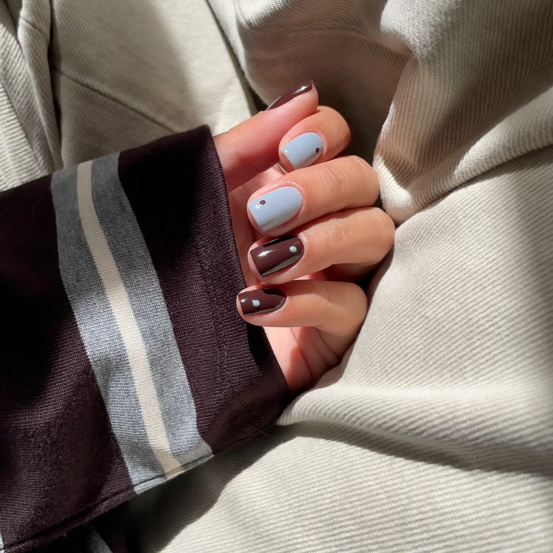 Short Square Color Block White Dot Nails Short Square Color Block White Dot Nails — Trendy Nail Designs