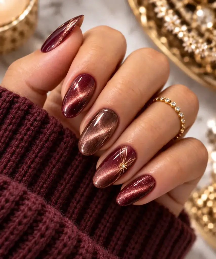 Deep Red Brown Cat Eye Gold Accent Medium Oval Nails Deep Red Brown Cat Eye Gold Accent Medium Oval Nails — Trendy Nail Designs