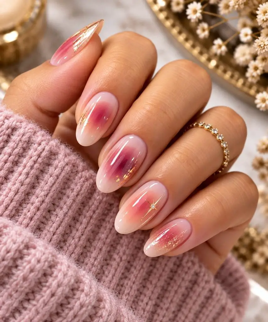 Blush Pink Aura Gold Accent Medium Oval Nails Blush Pink Aura Gold Accent Medium Oval Nails — Trendy Nail Designs