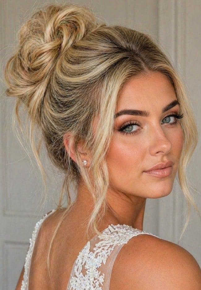 Romantic Bridal Hairstyles : Voluminous Messy Bun Updo with Soft Tendrils