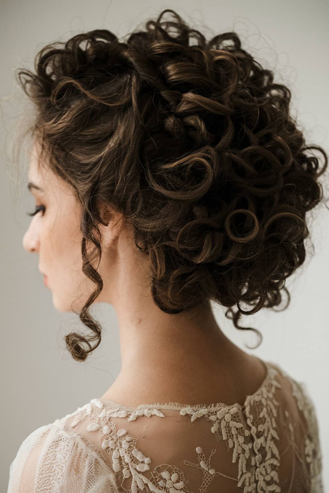 Textured Dark Brown Curly Bun With Curtain Bangs Textured Dark Brown Curly Bun With Curtain Bangs — Trendy Natural Bun