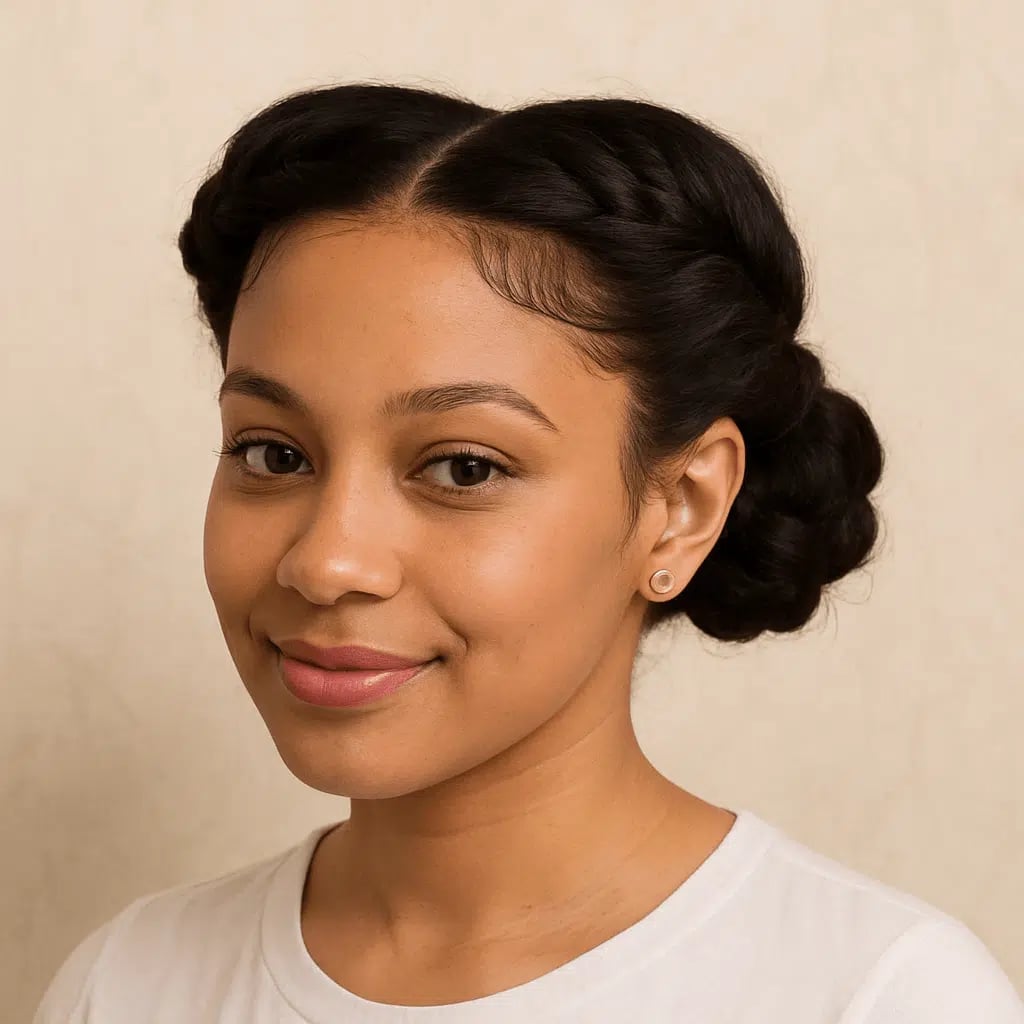 Neat Rolled Dark Brown Bun With Face-Framing Strands Neat Rolled Dark Brown Bun With Face-Framing Strands — Trendy Natural Bun
