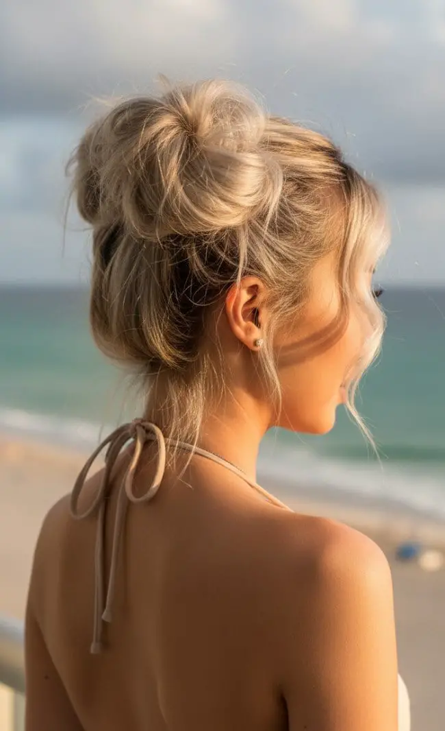 Relaxed Ash Blonde Messy Bun With Curtain Bangs Relaxed Ash Blonde Messy Bun With Curtain Bangs — Trendy Natural Bun