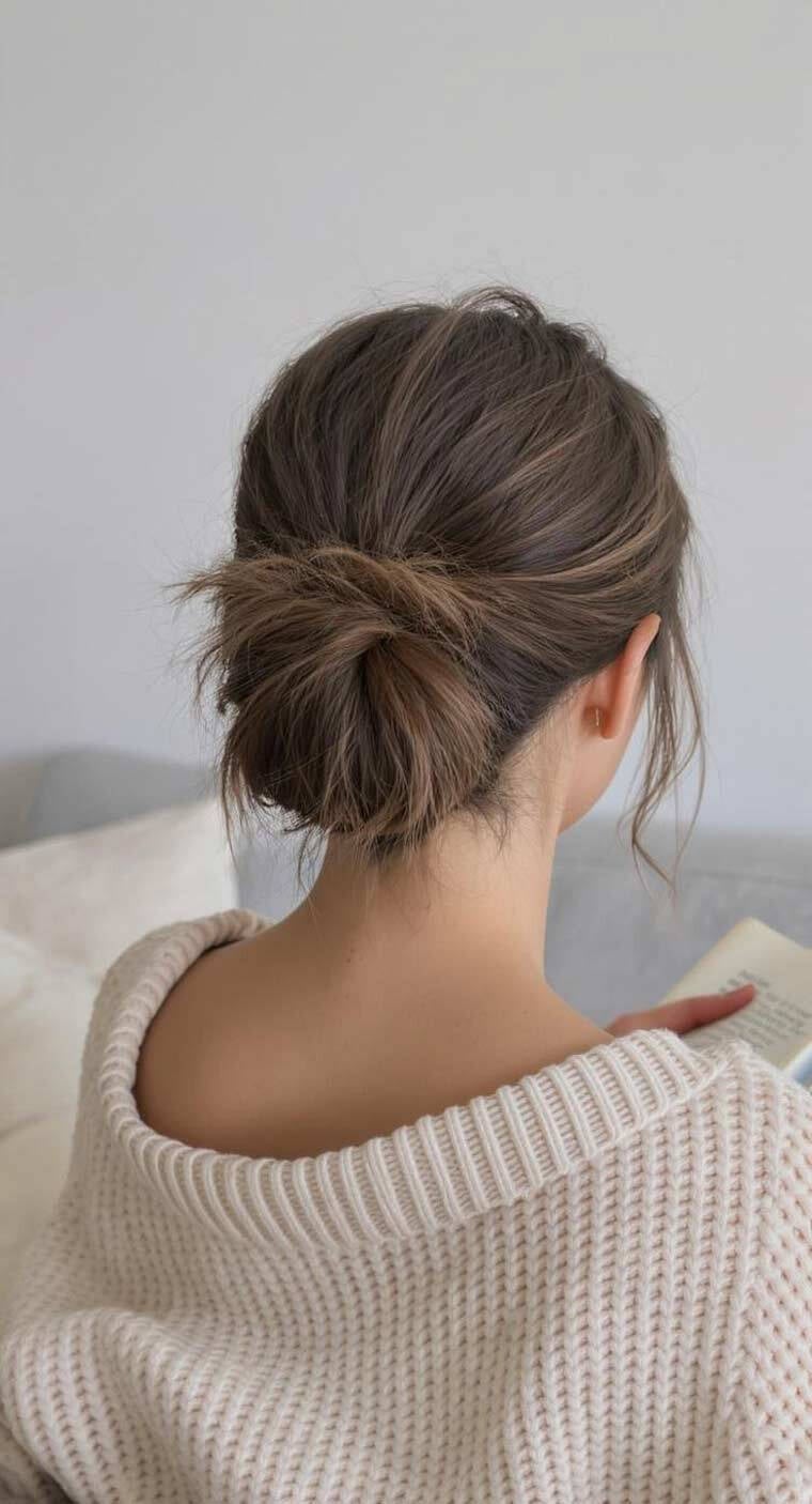 Effortless Brown Messy Bun At Nape Effortless Brown Messy Bun At Nape — Trendy Natural Bun