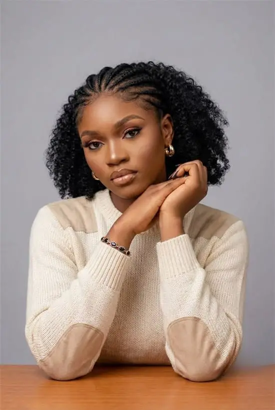 Cornrows with Voluminous Dark Curls Cornrows with Voluminous Dark Curls — Trendy Natural Hair Braiding