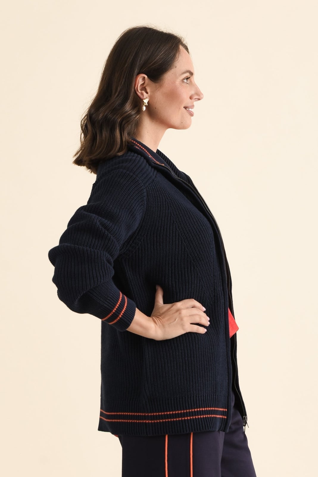 Navy Zip-Up Knitwear with Orange Trim for Casual Wear Trendy Navy Blue Outfits