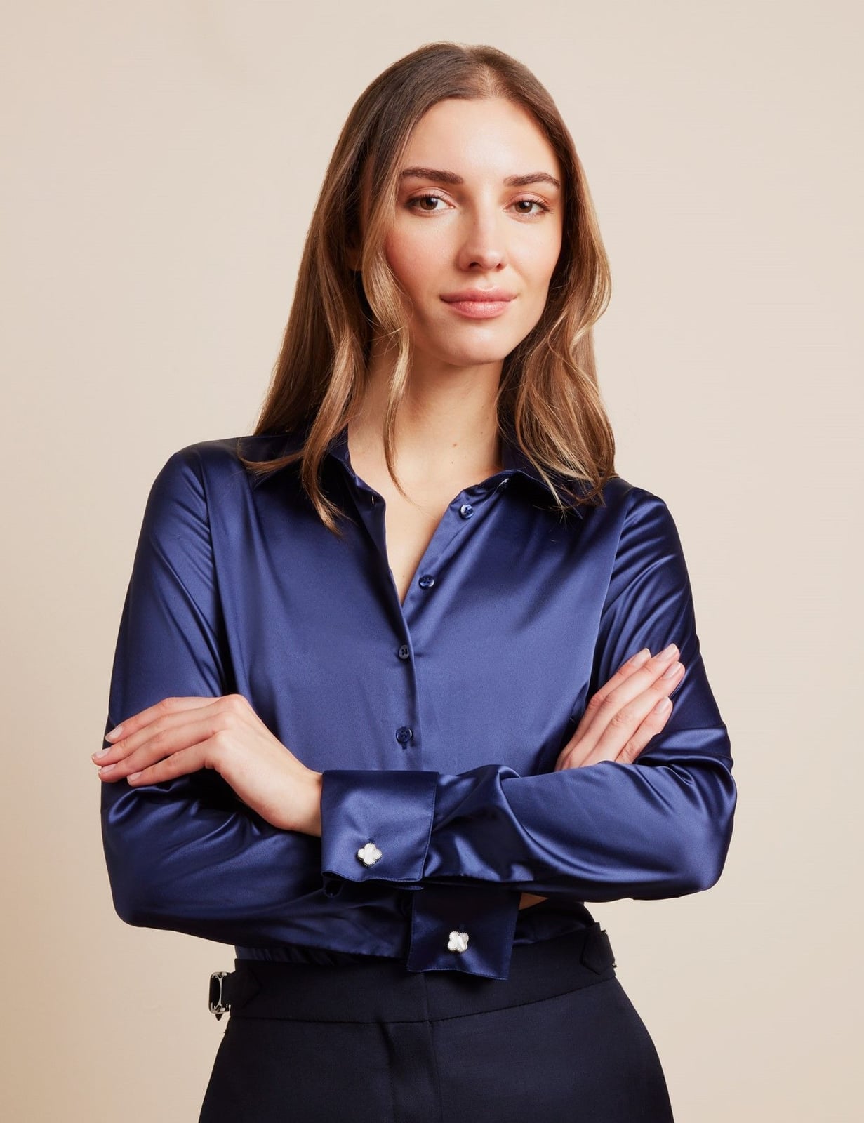 Navy Satin Shirt with Clover Cufflinks for Workwear Navy Satin Shirt with Clover Cufflinks for Workwear — Trendy Navy Blue Outfits