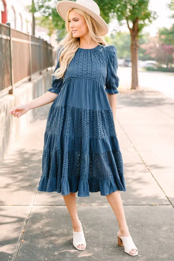 Blue Eyelet Midi Dress with Puff Sleeves and Wide-Brimmed Hat Blue Eyelet Midi Dress with Puff Sleeves and Wide-Brimmed Hat — Trendy Navy Blue Outfits