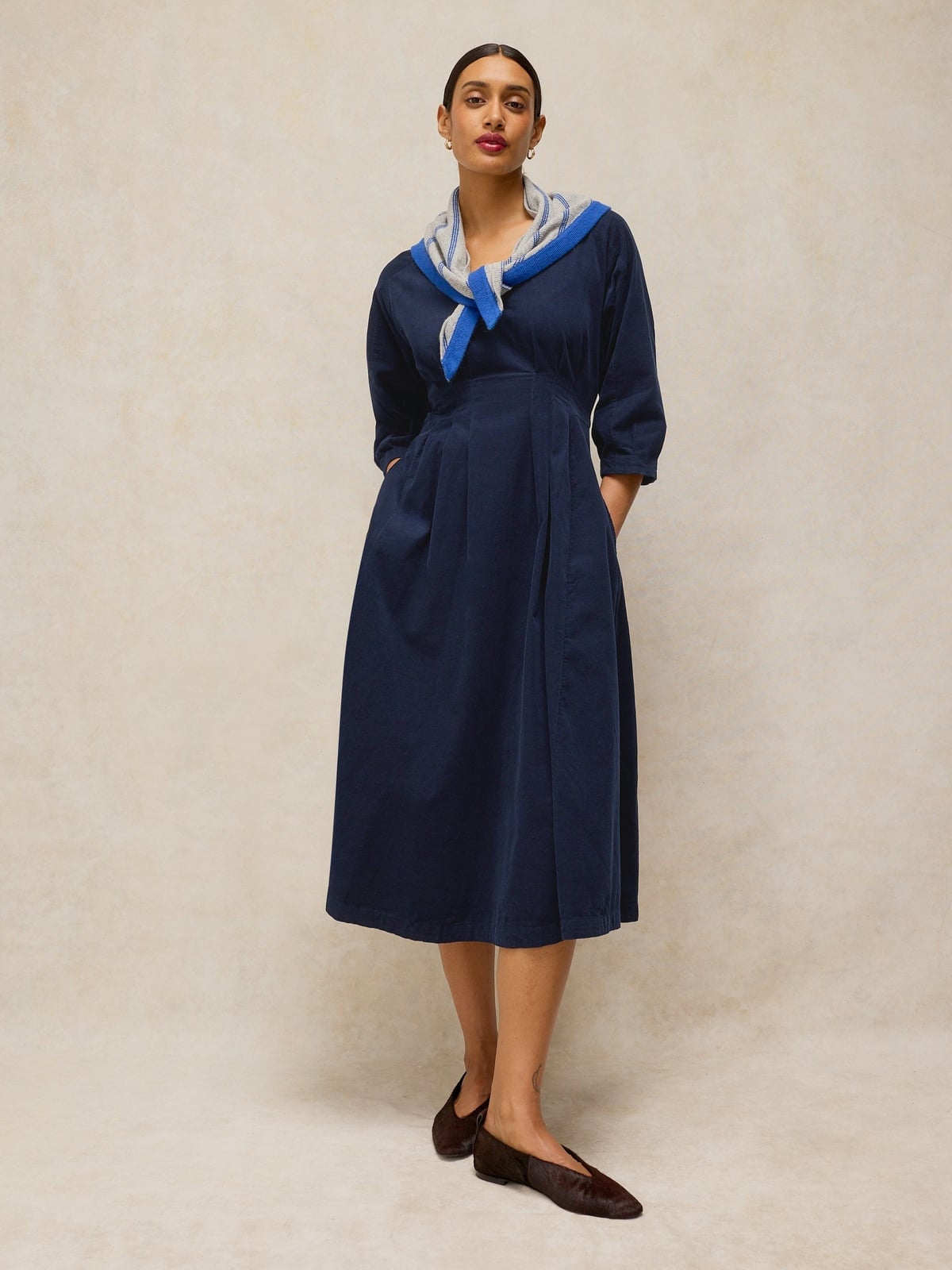 Navy Corduroy Midi Dress with Sailor Collar Scarf Navy Corduroy Midi Dress with Sailor Collar Scarf — Trendy Navy Blue Outfits