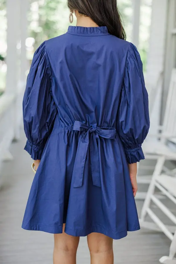 Navy Cotton Dress with Tie-Back Detail and Ruffled Collar Navy Cotton Dress with Tie-Back Detail and Ruffled Collar — Trendy Navy Blue Outfits