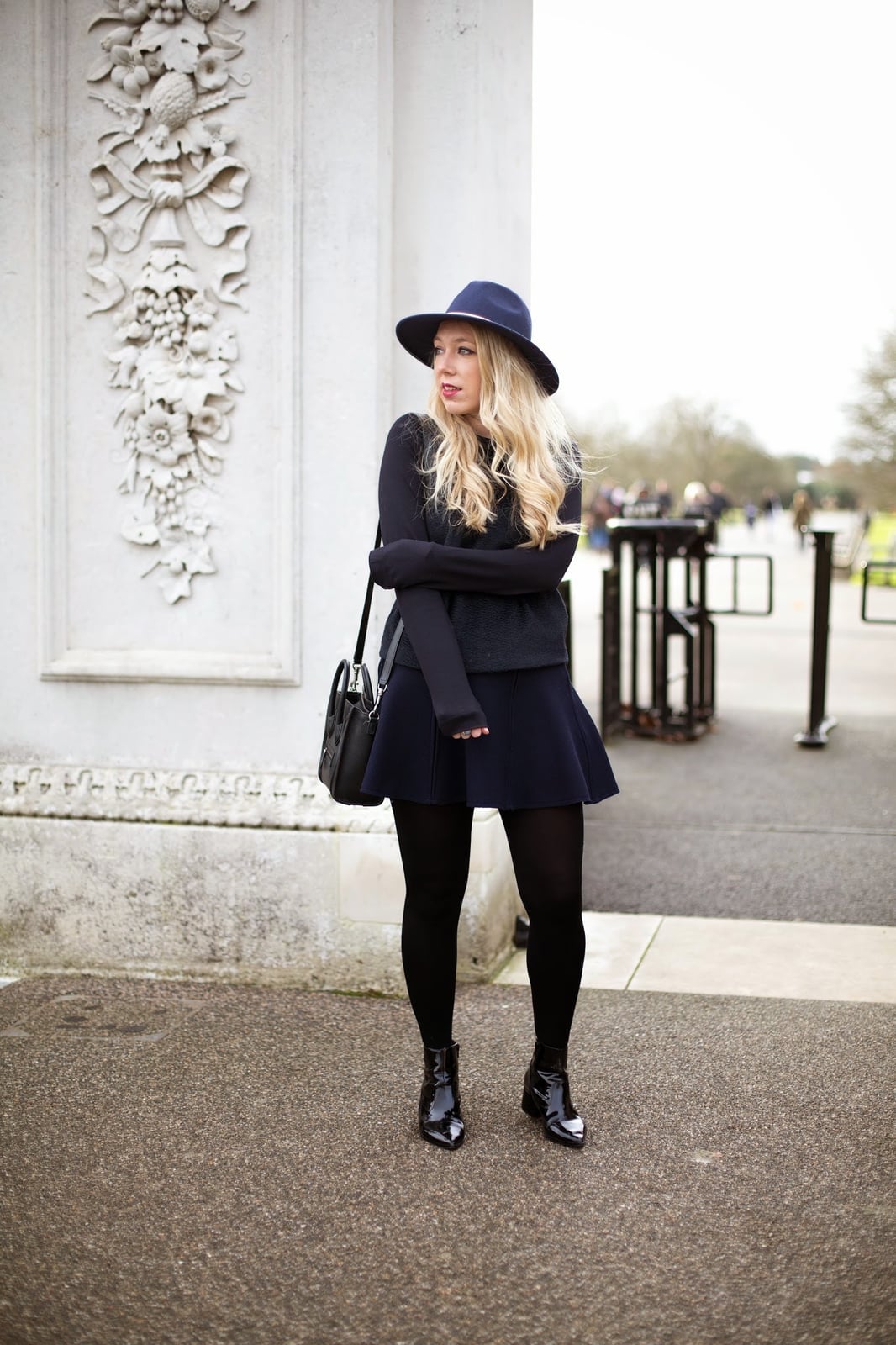 Navy Fedora Hat with A-Line Skirt and Ankle Boots Navy Fedora Hat with A-Line Skirt and Ankle Boots — Trendy Navy Blue Outfits