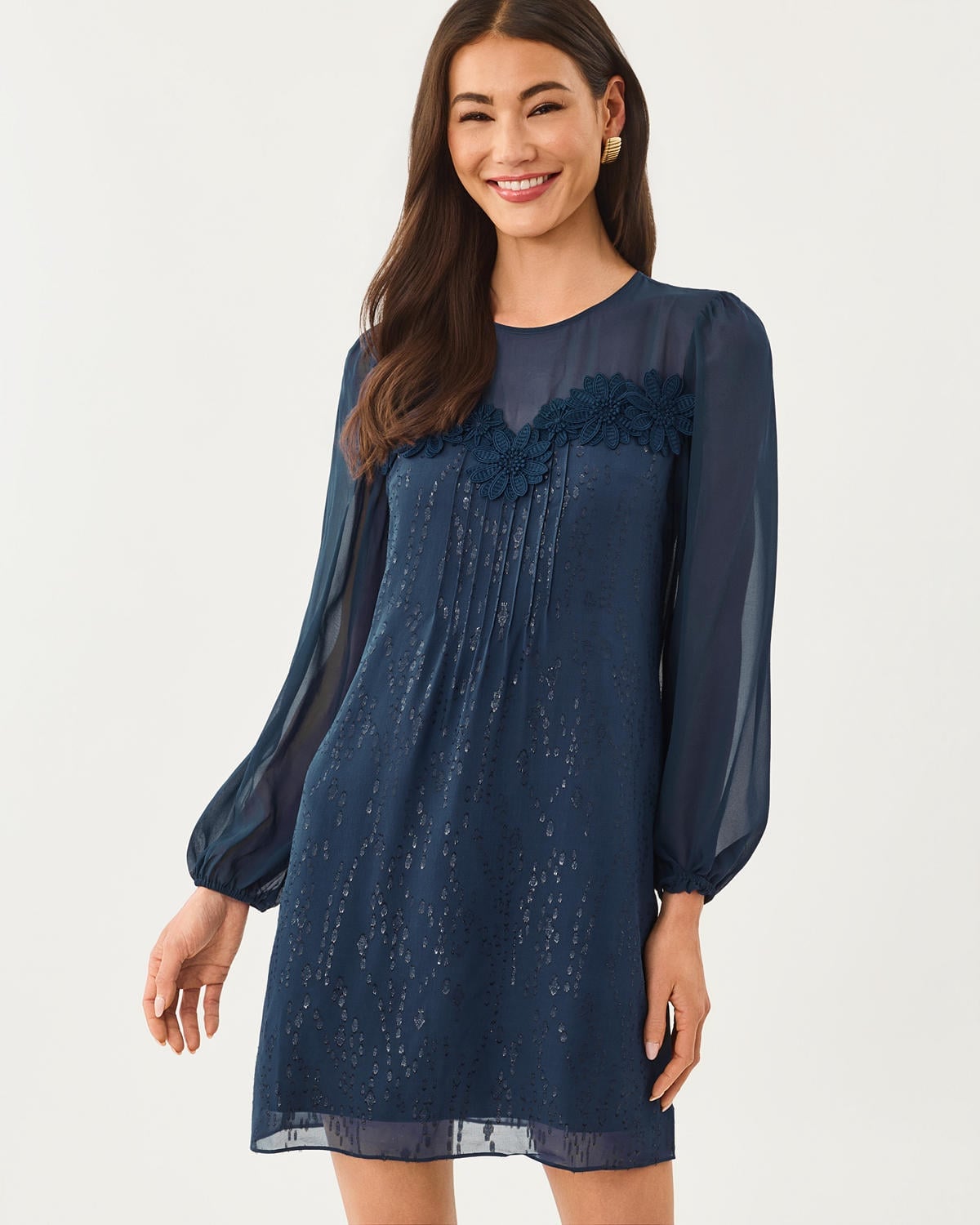 Navy Mini Dress with Sheer Balloon Sleeves and Lace Trim Navy Mini Dress with Sheer Balloon Sleeves and Lace Trim — Trendy Navy Blue Outfits