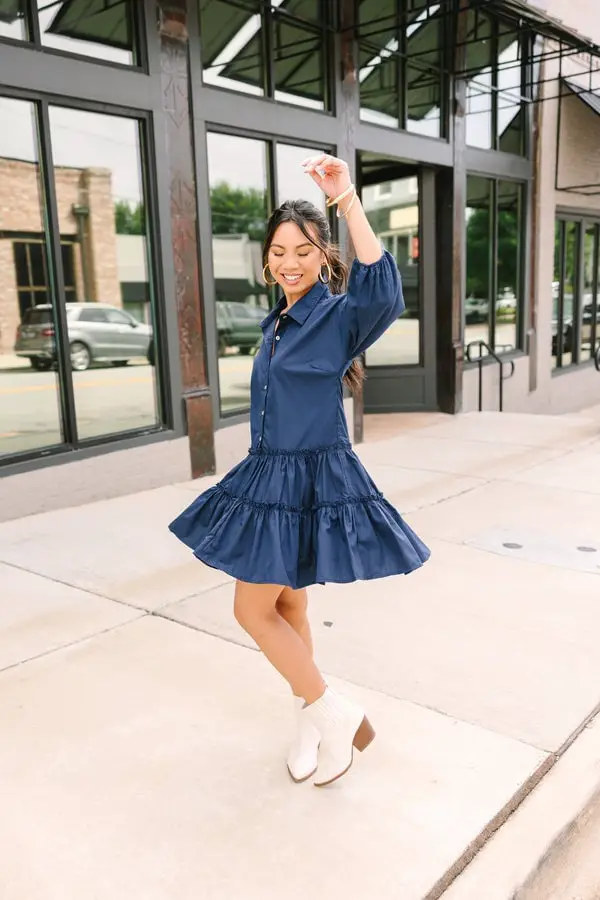 Navy Babydoll Dress with Tiered Skirt and White Ankle Boots Navy Babydoll Dress with Tiered Skirt and White Ankle Boots — Trendy Navy Blue Outfits